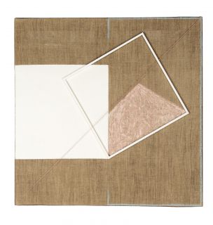 collage wood on canvas ecru, tempera and yarn 50x50, 1981 